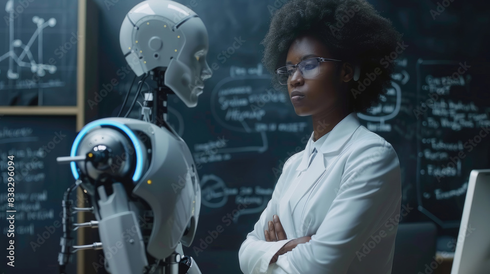 A woman in a lab coat stands in front of a robot A woman in a lab coat stands in front of a robot