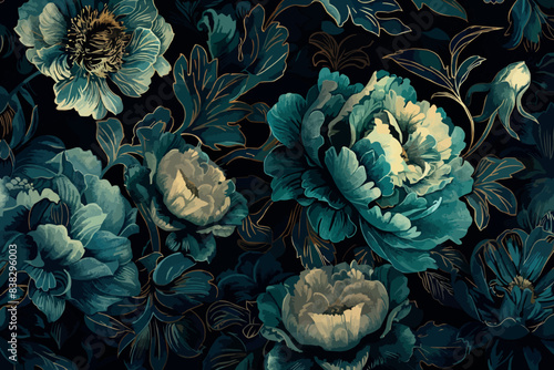 Surreal Floral background. Beautiful dark blue peonies bouquet on black. Natural flowers pattern.