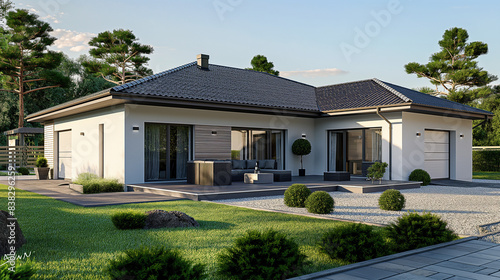 Modern Minimalist Family House with Garage and Terrace Rendered in Photorealistic Shaders with V-Ray 5 in Autodesk 3ds Max 2020 © suyu