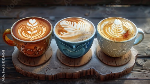 Three Beautifully Crafted Latte Art Coffees in Colorful Cups on Wooden Table - Perfect for Coffee Lovers and Cafes