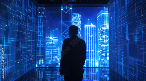 A man stands in a room illuminated by a large digital screen depicting a modern city skyline at night