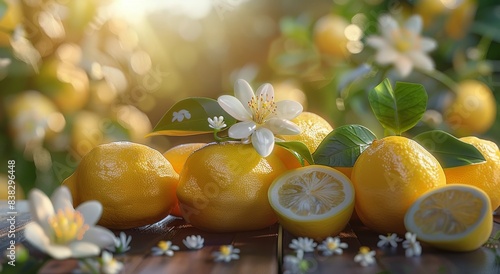 Ripe Lemons and Blossoms on a Wooden Table in Sunny Sunlight