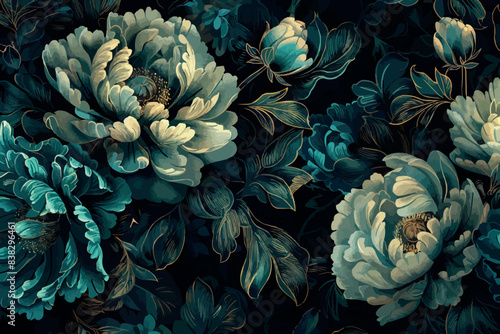 Surreal Floral background. Beautiful dark blue peonies bouquet on black. Natural flowers pattern.