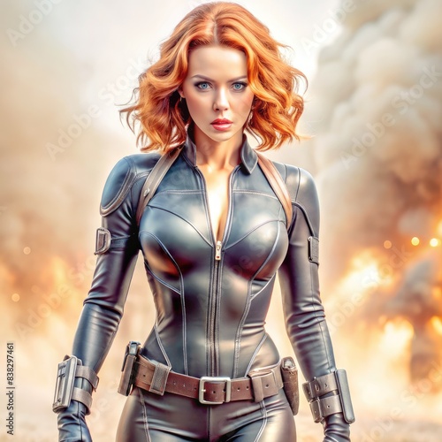 Black Widow in a Leather Suit Stands in Front of a Fiery Explosion. Generative AI