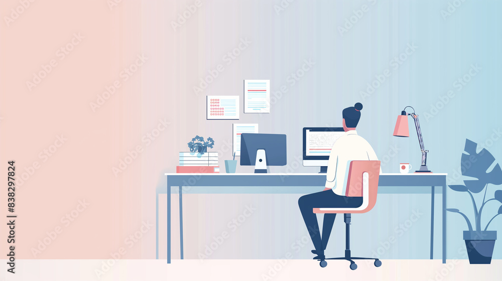A single person working at a clean, uncluttered desk, minimalist design, with copy space A single person working at a clean, uncluttered desk, minimalist design, with copy space