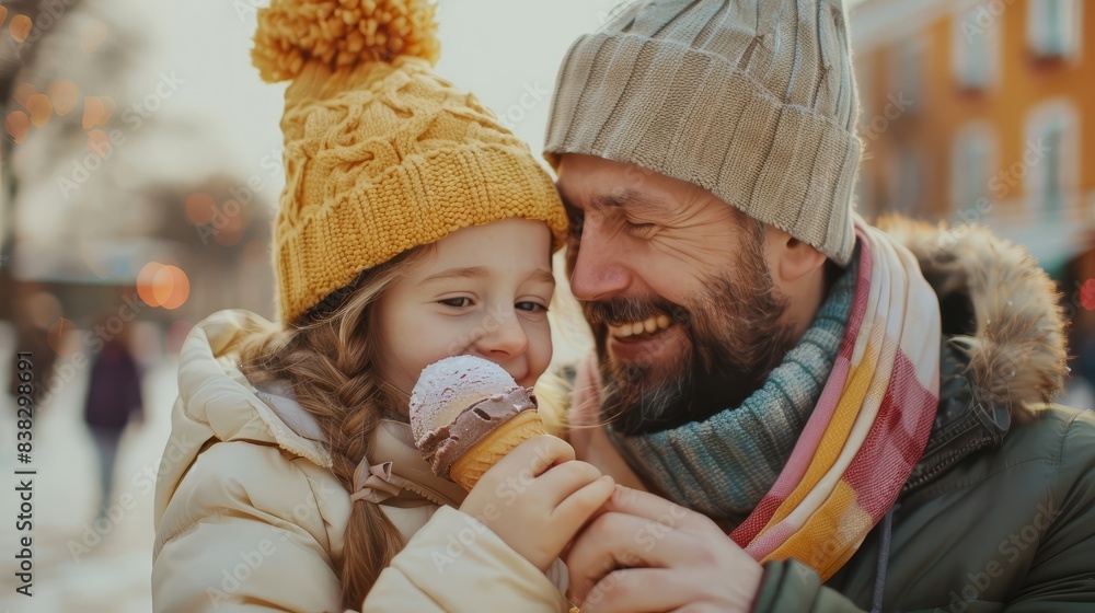 Obraz premium Cheerful dad and daughter sharing vanilla ice cream with crispy topping, spring season, wearing hats and scarves, close up view, dynamic, double exposure, town square