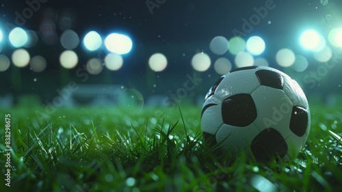 Modern soccer ball lying on green grass on stadium at night Generative AI