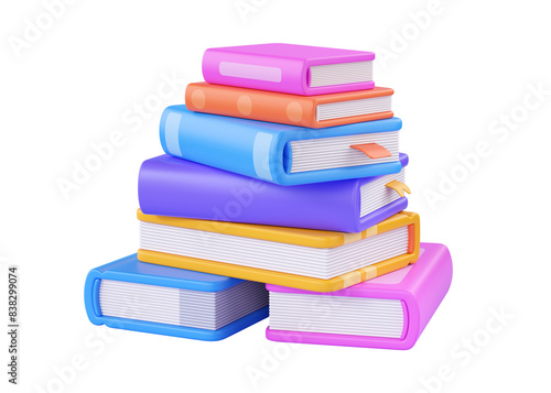 3d stack school book render. Library illustration or study textbook pile on white background