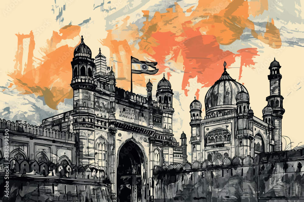 Naklejka premium Watercolor splash with hand drawn sketch of Gateway of India Mumbai, India in vector illustration.