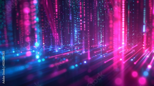 Abstract backdrop featuring pink and blue neon lines and bokeh effects. Concept of data transfer. Digital wallpaper.