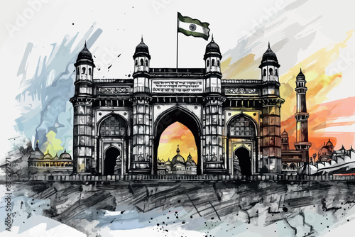 Watercolor splash with hand drawn sketch of Gateway of India Mumbai, India in vector illustration.