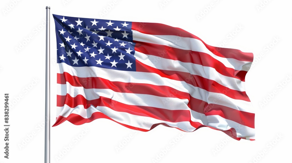 American flag with stars and stripes, waving gracefully, representing freedom and patriotism, isolated on white background, photorealistic, surreal, fusion, plain background American flag with stars and stripes, waving gracefully, representing freedom and patriotism, isolated on white background, photorealistic, surreal, fusion, plain background