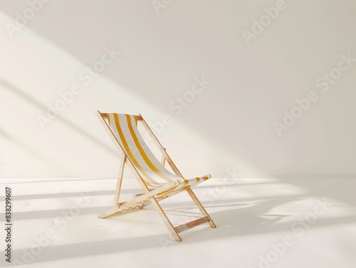 Beach chair with yellow stripes for summer getaways, white background, photorealistic, ethereal, double exposure, plain backdrop