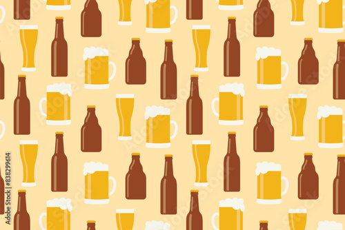 seamless pattern with beer bottles and glasses; perfect for wrapping paper, bar or pub menus, apparel, marketing materials for beer festivals or breweries- vector illustration