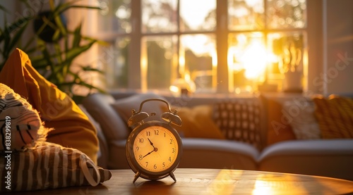 A vintage alarm clock placed on the coffee table in front of the sofa, with the morning sunlight streaming through the window, creating soft shadows and highlighting its metallic texture.