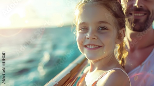 Caucasian girl traveling on a cruise ship with her father, enjoying the sunny atmosphere, close up, realistic, overlay, deck view