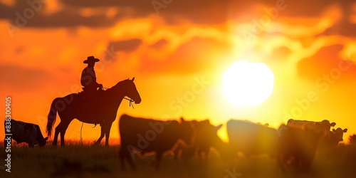 Man on horse herding cattle in Australian outback at sunset. Concept Australian Outback  Cattle Herding  Sunset  Man on Horse  Rural Lifestyle