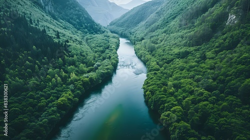 a breathtaking aerial view of a river flowing through a mountainous forest. The river is surrounded by lush green trees and mountains  creating a picturesque landscape