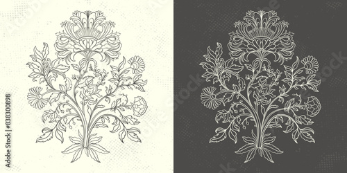 Mughal Art is a circuit traditional bunch flower of floral ornaments. A monochrome motif on isolated element. Fantasy traditional bouquet.