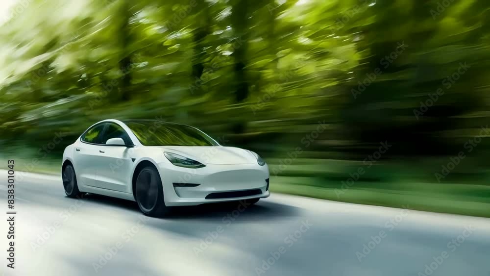 White electric car moving on the road against a green foliage in the blur. Copy space. Motion blur. Slow motion White electric car moving on the road against a green foliage in the blur. Copy space. Motion blur. Slow motion