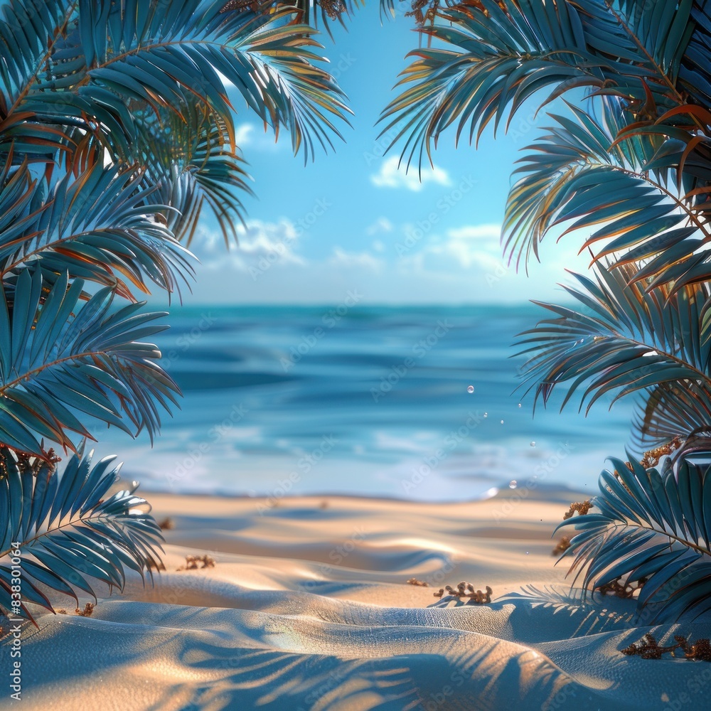Obraz premium Blurred summer background with palm leaves and beach sand, blue sky and sea in morning sunlight. vacation on an island for banner design template. Summer travel concept background with empty space