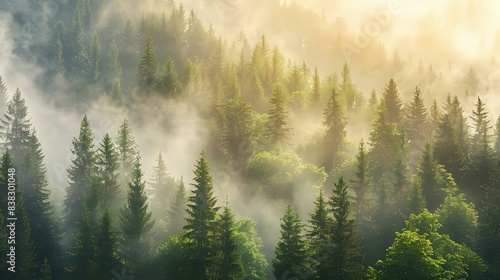 a breathtaking view of a misty forest. The forest is densely packed with tall trees  their tops reaching up to the sky