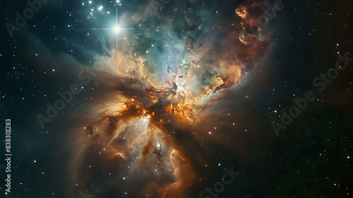 a captivating view of a nebula, which is a cosmic formation of dust, hydrogen, helium, and other ionized gases. It is set against the backdrop of the night sky, illuminated by the light from stars photo