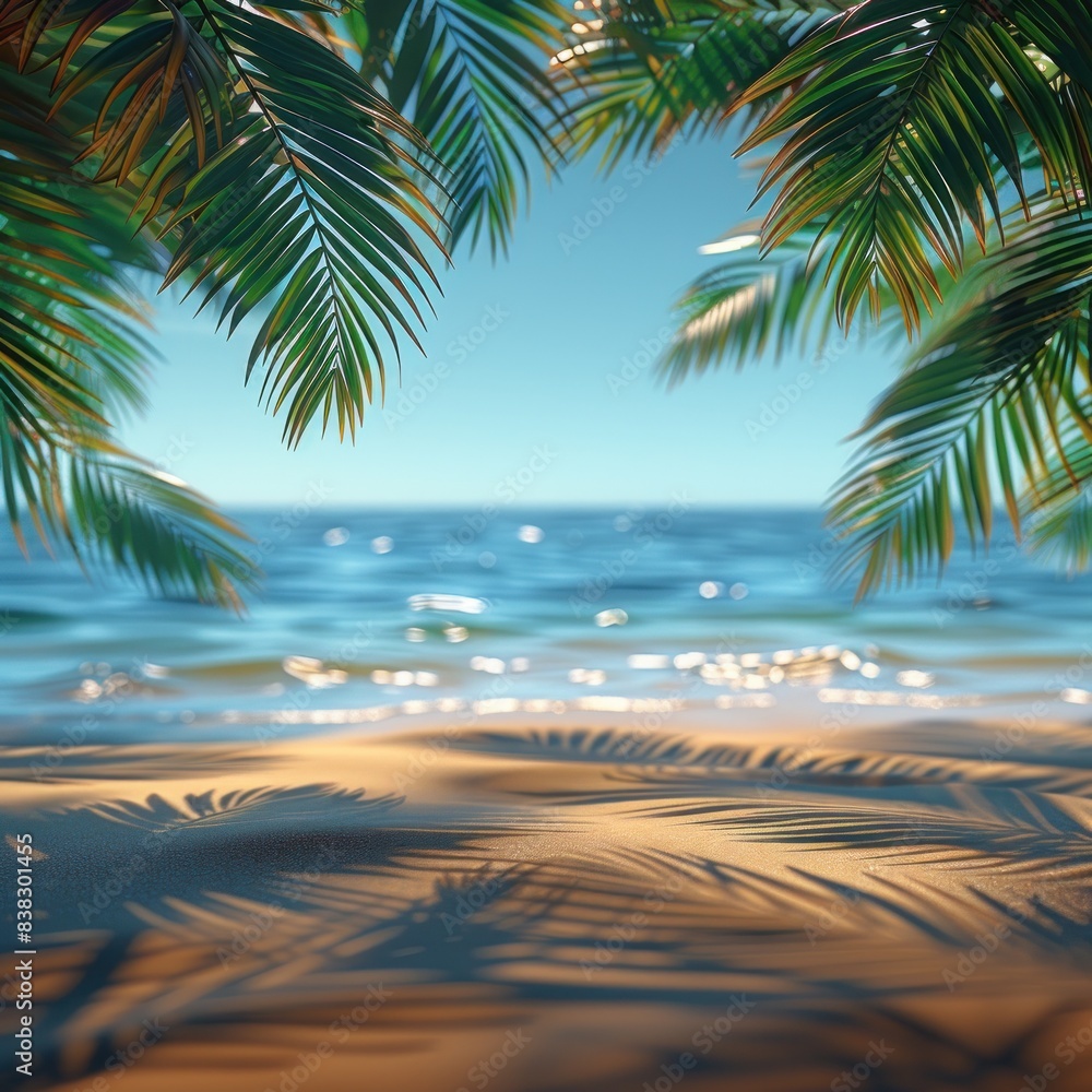 Fototapeta premium Blurred summer background with palm leaves and beach sand, blue sky and sea in morning sunlight. vacation on an island for banner design template. Summer travel concept background with empty space