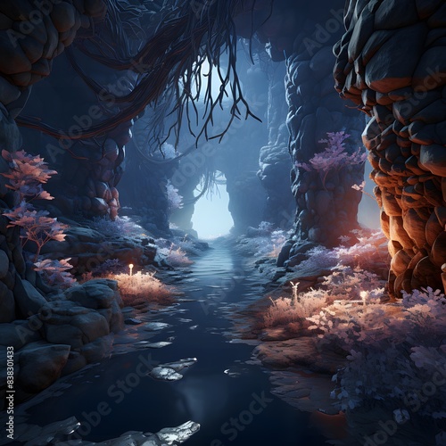 3D illustration of a fantasy alien cave with water and stalactites photo