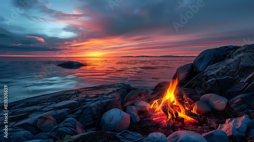 a cozy campfire on a rocky shore during dusk. The sky is painted with hues of orange and pink  and the water reflects the colors of the sky