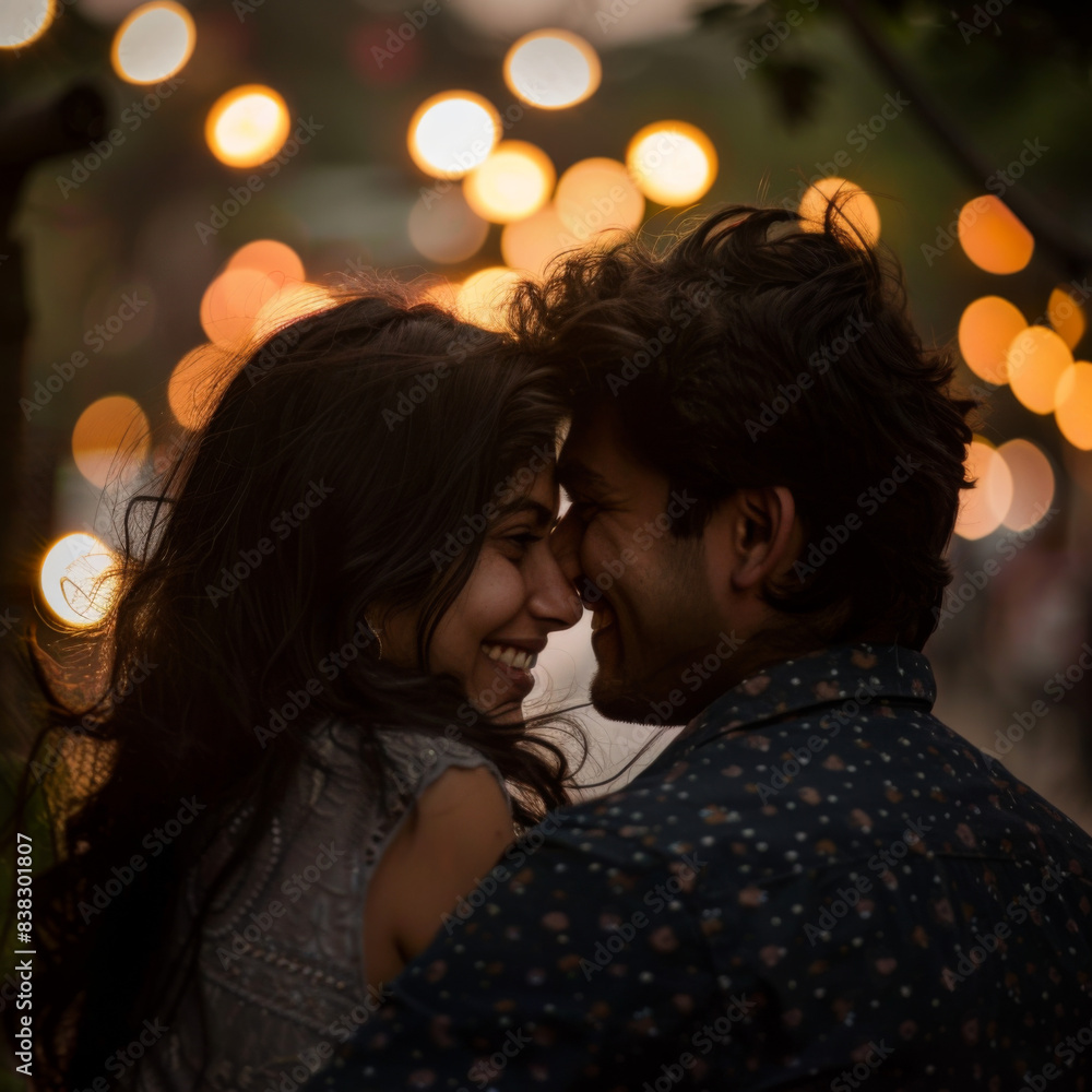 A couple is hugging and smiling in front of a blurry background A couple is hugging and smiling in front of a blurry background