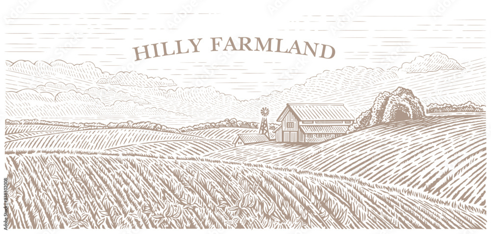 Rural hilly landscape with a farm. Dawn above agricultural fields. Illustration in engraving style.
