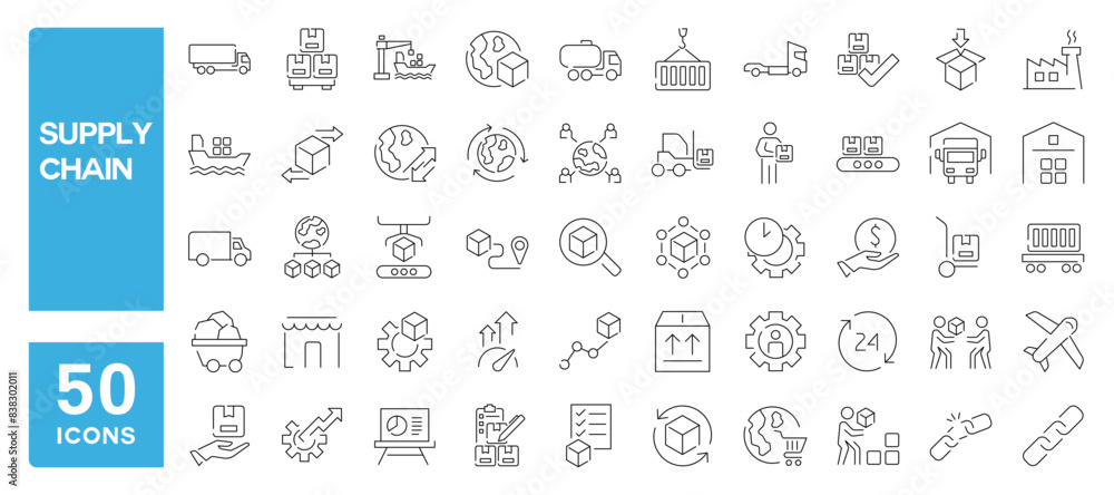 Set of 50 line icons related to supply chain, logistic, manufacturing, containing production, shipping, transportation, Editable stroke. Vector illustration Set of 50 line icons related to supply chain, logistic, manufacturing, containing production, shipping, transportation, Editable stroke. Vector illustration