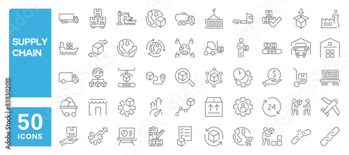 Set of 50 line icons related to supply chain, logistic, manufacturing, containing production, shipping, transportation, Editable stroke. Vector illustration