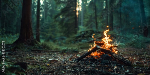 A campfire burns in a forest. The fire is surrounded by trees and moss. The light from the fire is warm and inviting.