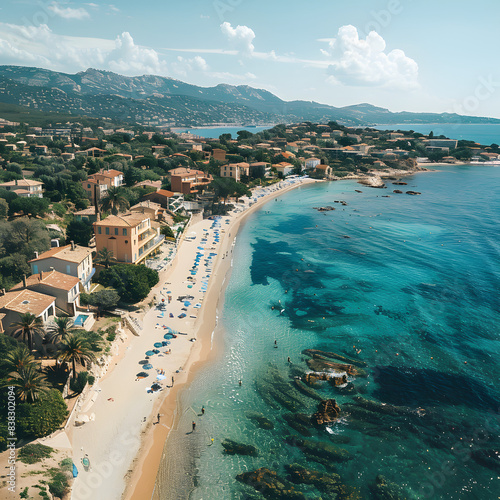 sainte maxime beach and coastline aerial view isolated on white background, simple style, png photo