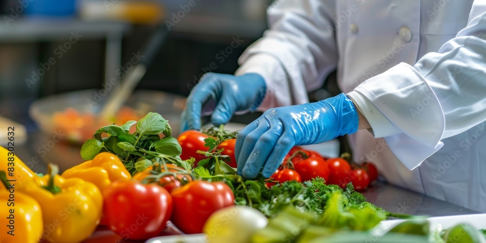 Chef in gloves cuts vegetables for salad Chef in gloves cuts vegetables for salad