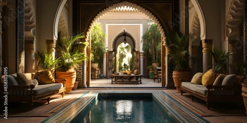 Traditional Moroccan riad with central fountain arched doorways and North African architecture. Concept Moroccan Riad, Central Fountain, Arched Doorways, North African Architecture photo