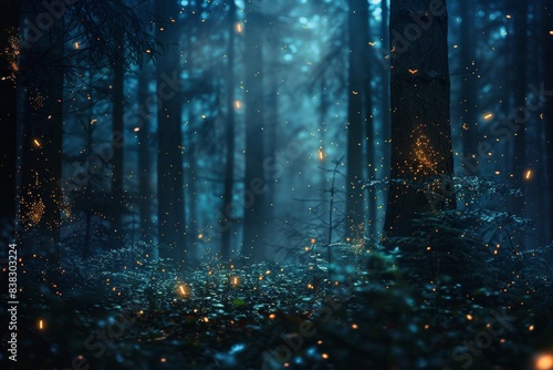 Night forest with mystical lights  living greenery in the forest. 3D illustration. Background  environment  future image.