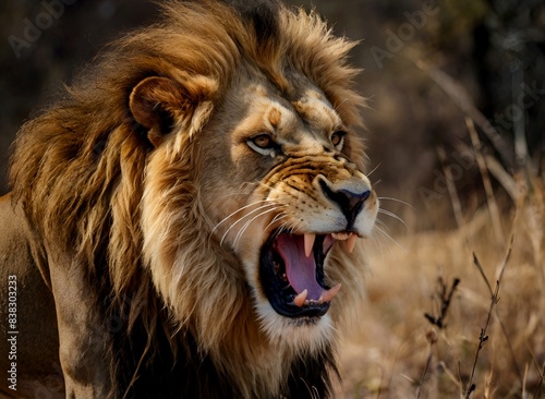 Photograph of the face of an angry lion in the forest