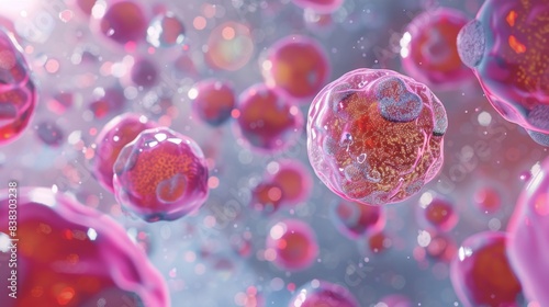 3D illustration of a group of pink and red cells floating in a blue liquid.