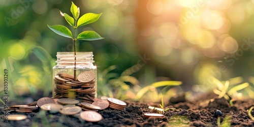 Money growth concept with coins and plant on blurred nature background