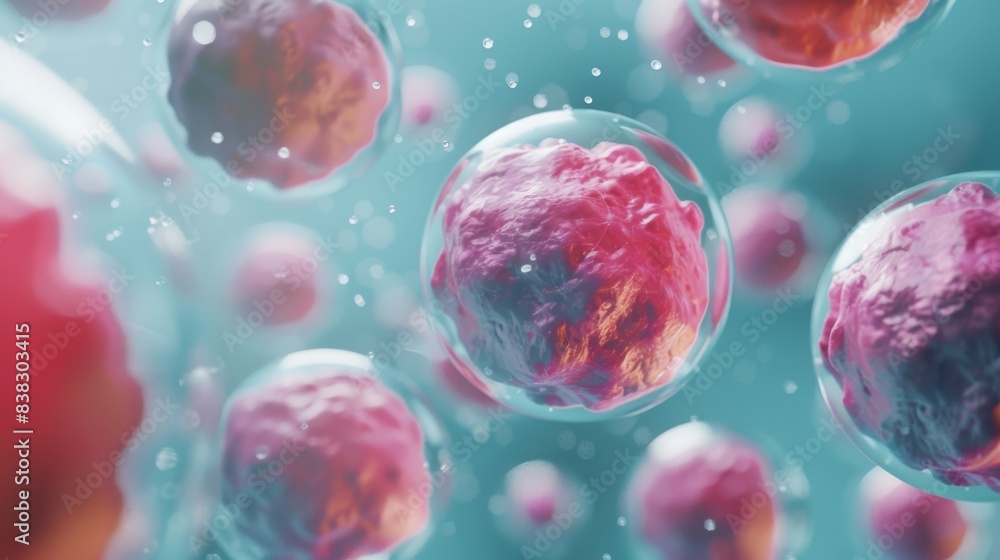 3D illustration of a group of pink and red cells floating in a blue liquid. 3D illustration of a group of pink and red cells floating in a blue liquid.