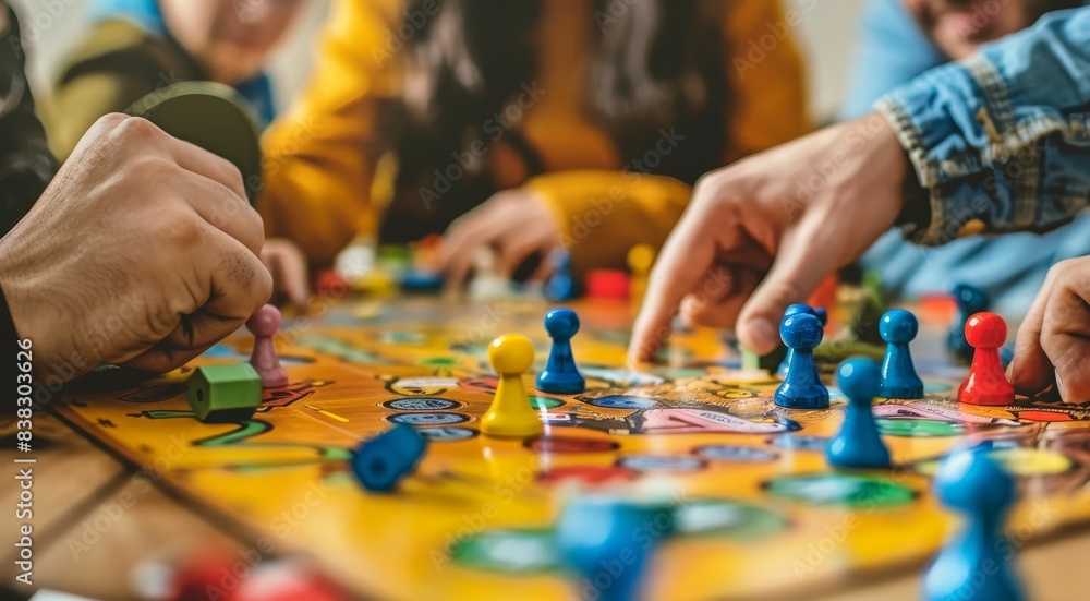 The image shows people playing a colorful board game together. The image shows people playing a colorful board game together.