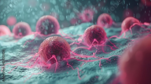 3D illustration of a group of pink cancer cells