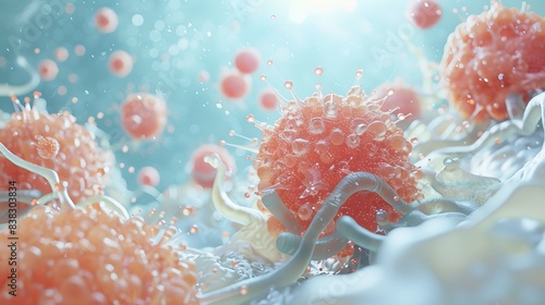 3D illustration of a group of pink cancer cells with pseudopodia reaching out into the surrounding fluid. photo
