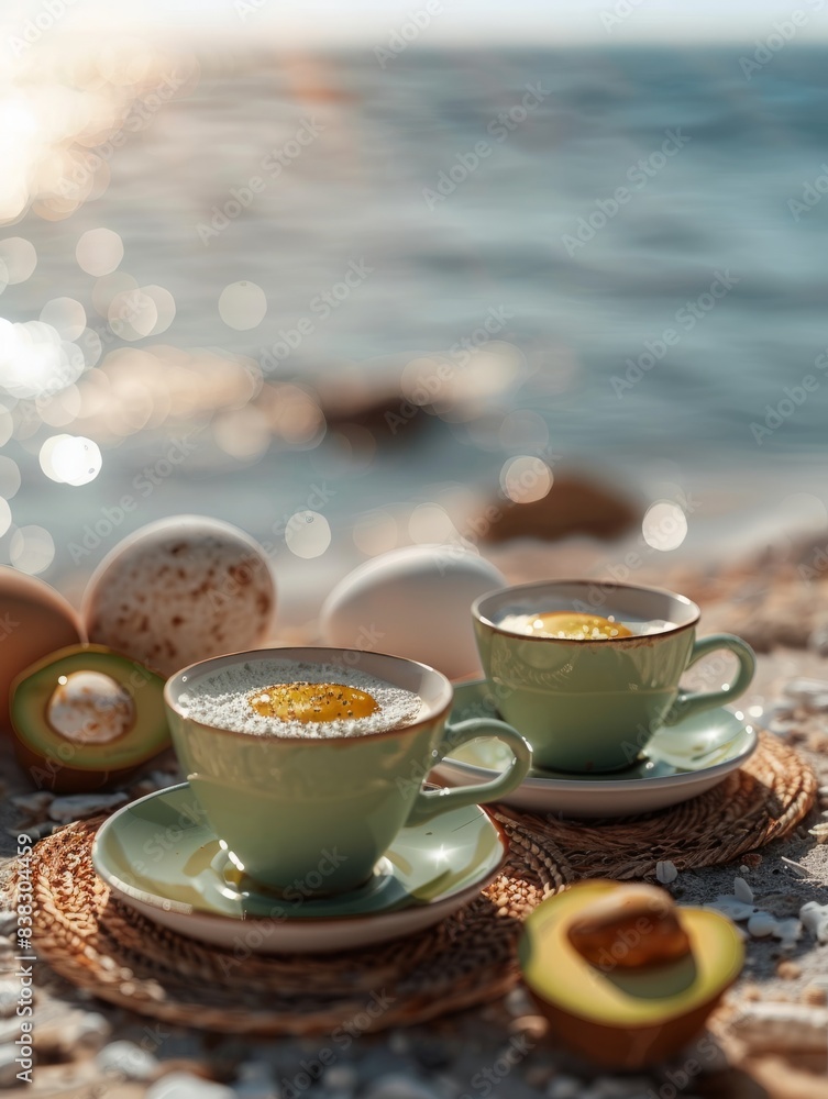 Fototapeta premium Breakfast avocado eggs and coffee by the sea. Selective focus.