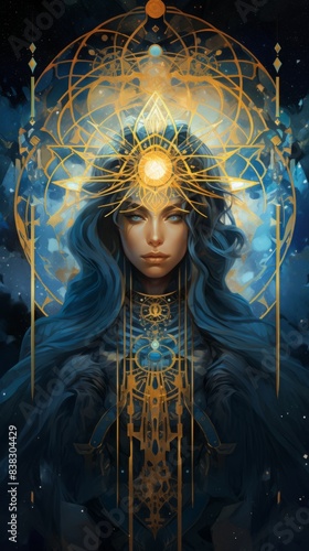 Mystic High Priestess: Ancient Tarot Card Illustration with Glowing Runes in Deep Blue and Gold Tones