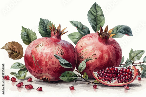 Pomegranate fruit with leaf isolate. Pomegranate whole, half, slice, leaves on white. 