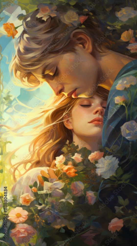Romantic Couple in Lush Garden: Tarot Card Style Inspired Portrait Painting